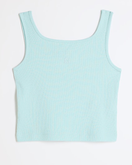 Girls Blue Ribbed Embroidered Logo Crop Vest