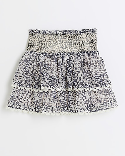Girls beige leopard print tiered skirt