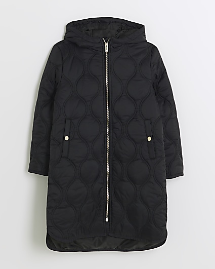 Girls black hooded longline padded jacket