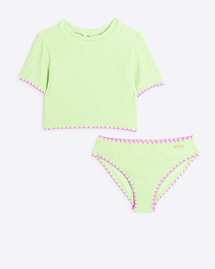 Girls green textured t-shirt bikini set