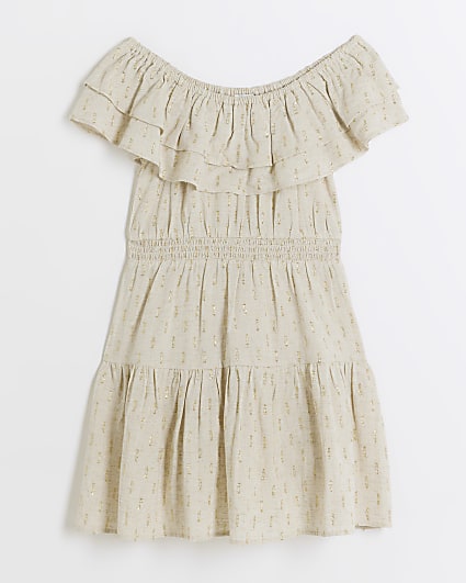 Girls stone linen blend bardot dress