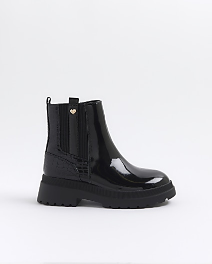 Girls black patent stud chelsea boots