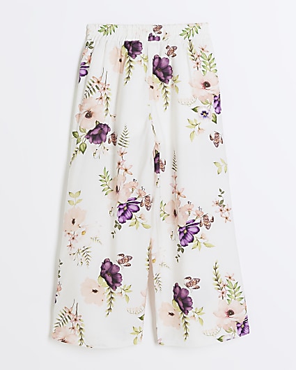 Girls white floral wide leg trousers
