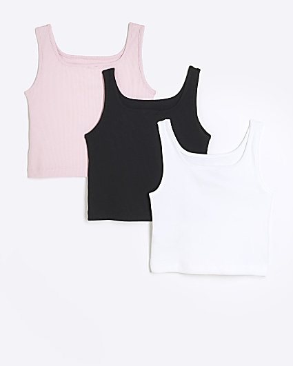 Girls pink rib square neck vest top 3 Pack