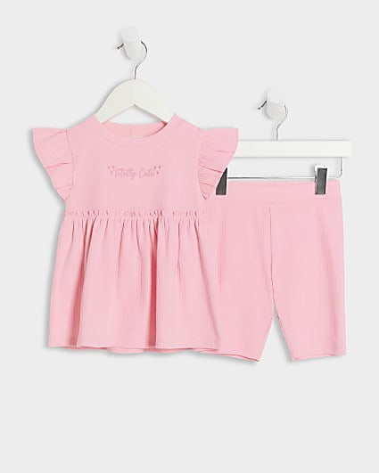 Mini girls pink ribbed peplum t-shirt set