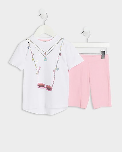 Mini girls white graphic print t-shirt set