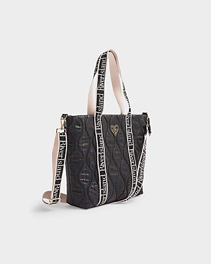 Girls black quilted monogram shopper bag