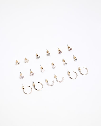 Girls gold stud and hoop earrings 9 pack