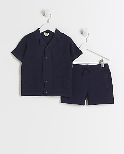 Mini Boys Navy Revere Shirt and Shorts Set