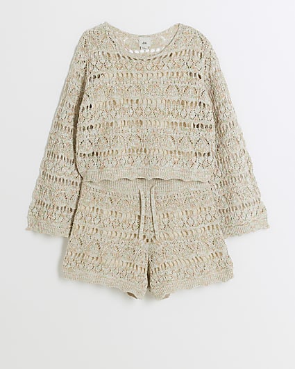 Girls beige crochet jumper and shorts set