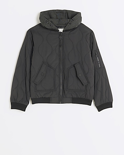Boys black quilted hooded jacket