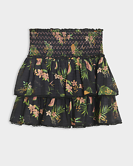 Girls black floral frill skirt