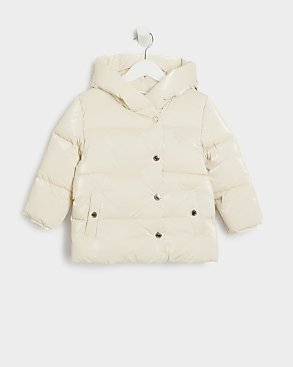 Mini girls cream padded hooded jacket