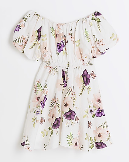 Girls white floral puff sleeve dress