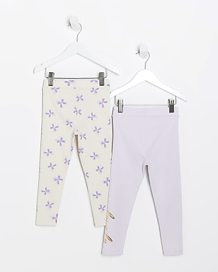 Mini girls purple bow print leggings 2 pack