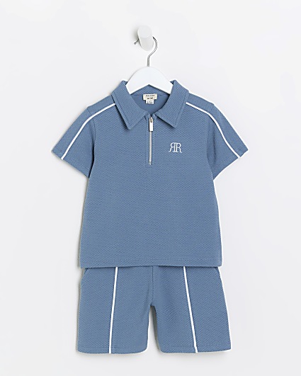 Mini boys blue textured polo and shorts set