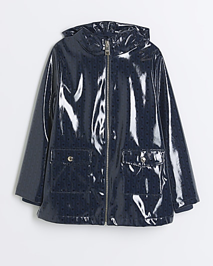 Girls navy holographic hooded rain coat