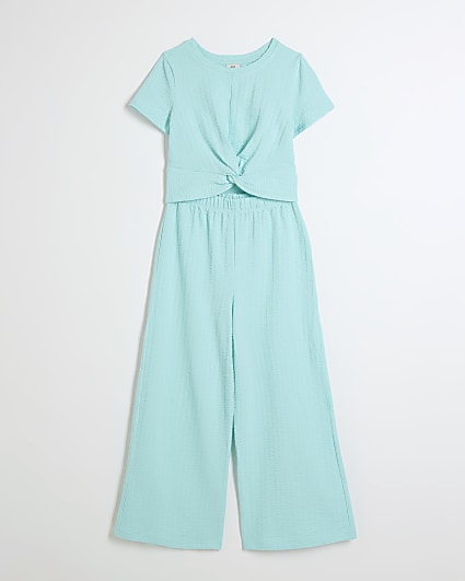 Girls blue knot top and trousers set