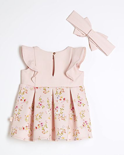 Baby girls pink floral dress and headband