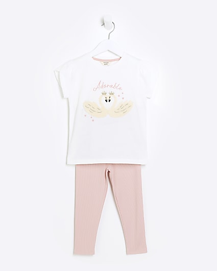 Mini Girls Ecru Swan T-shirt and Leggings Set