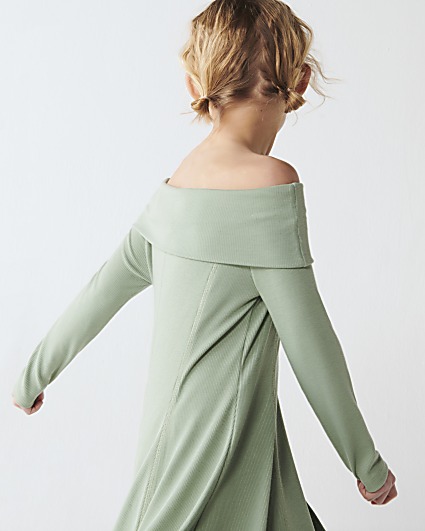 Girls khaki textured bardot dress