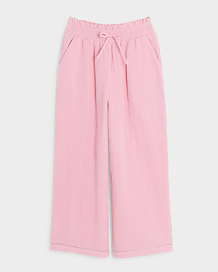 Girls pink textured wide leg trousers