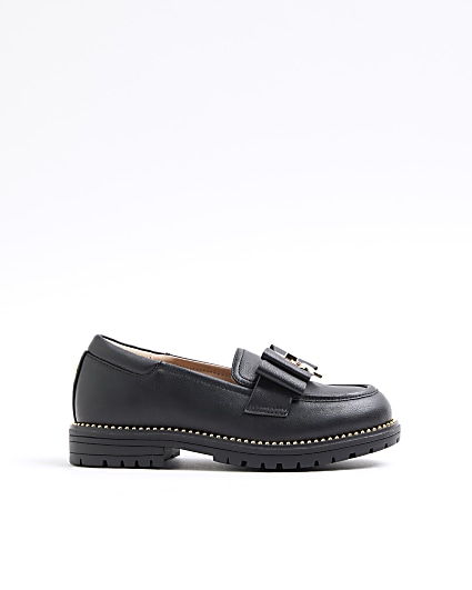 Girls black faux leather bow loafers