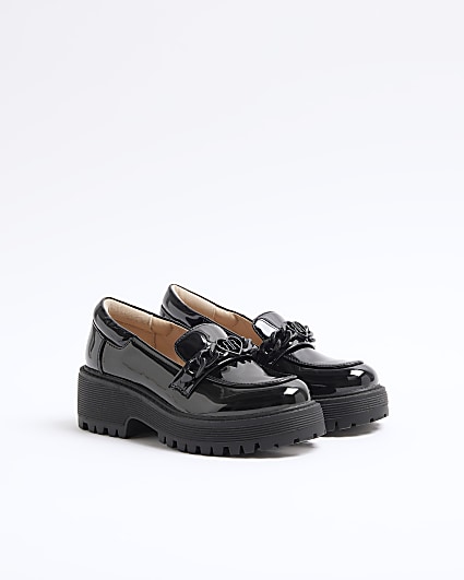 Girls black patent chain heeled loafers