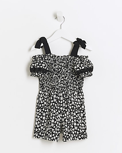 Mini girls black floral shirred playsuit