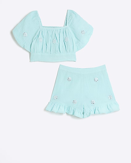 Girls blue textured embellished blouse set