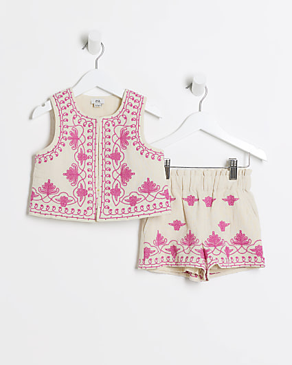 Mini girls pink embroidery waistcoat set