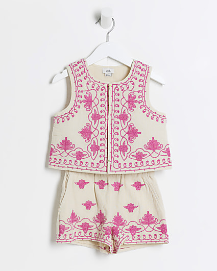 Mini girls pink embroidery waistcoat set
