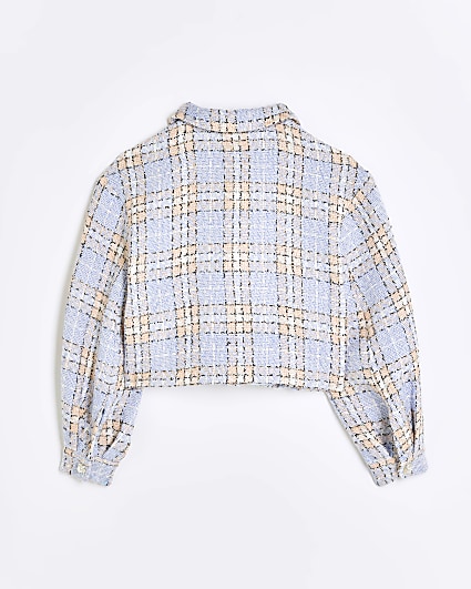 Girls blue boucle check crop jacket