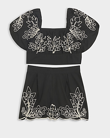 Girls black embroidered blouse and shorts set