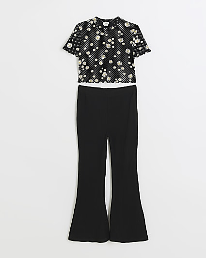 Girls black floral top and trousers set