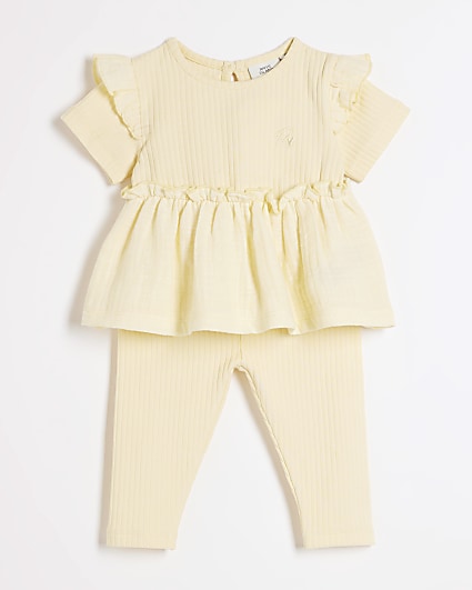 Baby girls yellow ribbed peplum top set