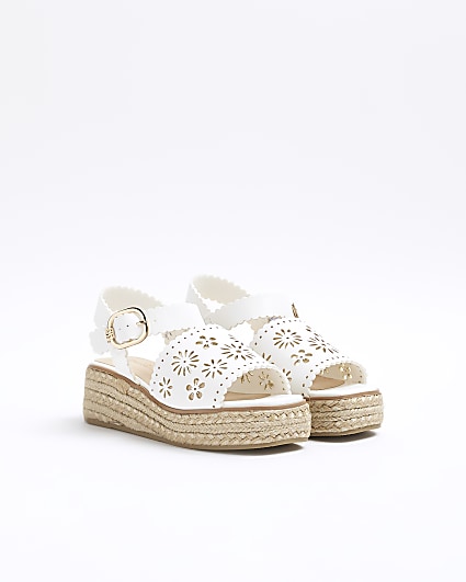 Girls white cut out scallop wedge sandals