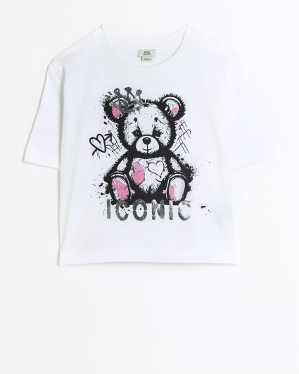 Girls white bear graffiti print t-shirt