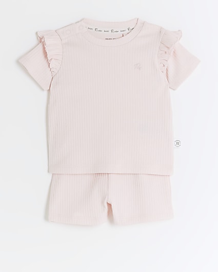Baby girls pink frill rib shorts set
