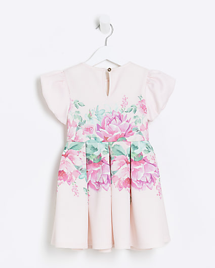 Mini girls pink floral puff sleeve dress