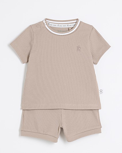 Baby boys beige ribbed t-shirt and shorts set