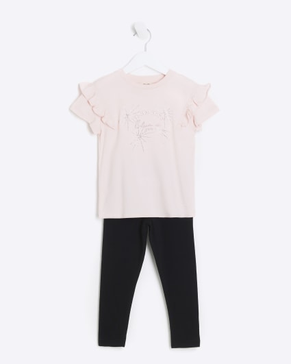 Mini girls pink embroidered frill t-shirt set