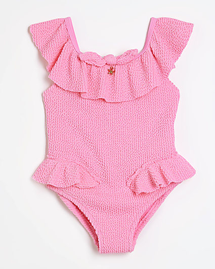 Mini girls pink textured frill swimsuit