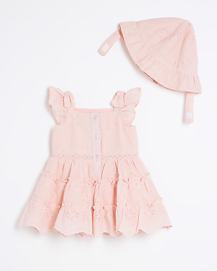 Baby girls pink broderie dress and hat set