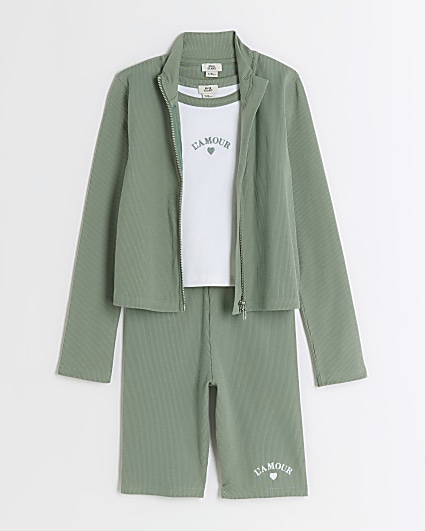 Girls khaki rib zip up top and shorts set