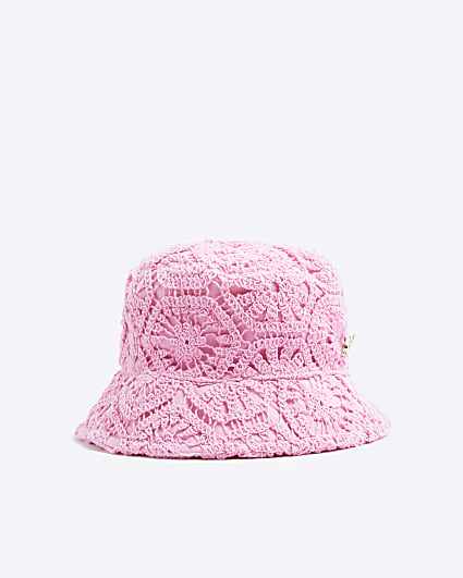 Girls pink crochet bucket hat