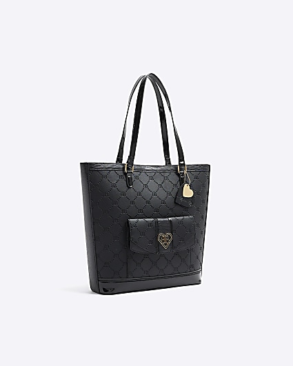 Girls black embossed pocket shopper bag