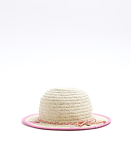 Mini girls beige embroidered shell straw hat