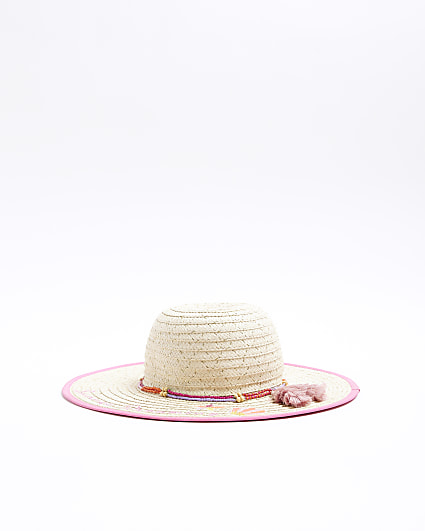 Girls Beige embroidered straw hat