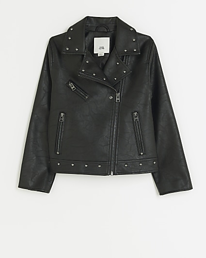 Girls black faux leather studded biker jacket
